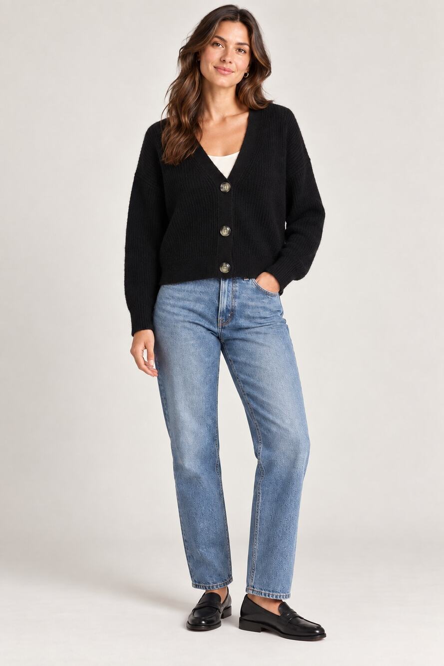 Quince Baby Alpaca Wool Cropped Cardigan M Black Ribbed V-Neck Button Sweater